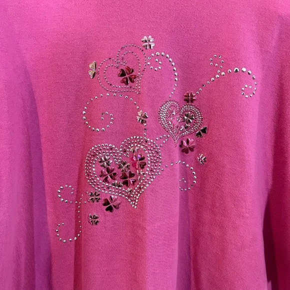 Top Stitch Pink Crewneck T Shirt Rhinestone Studded Applique Hearts Short Sleeve - Picture 3 of 7
